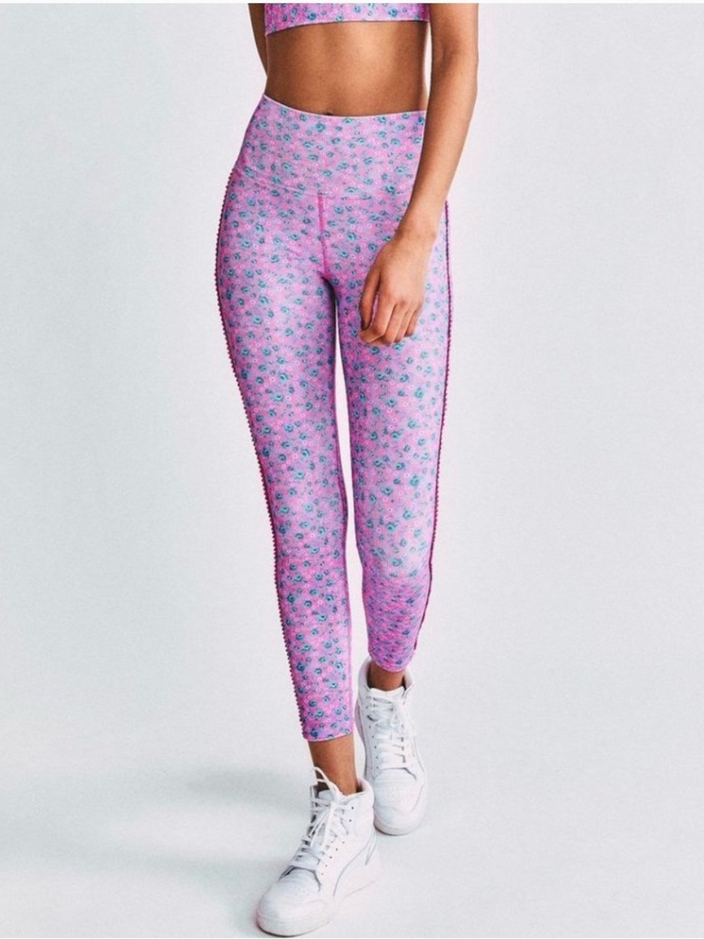LoveShackFancy Pink Floral Ribbed Crop Top with Blue Blooms